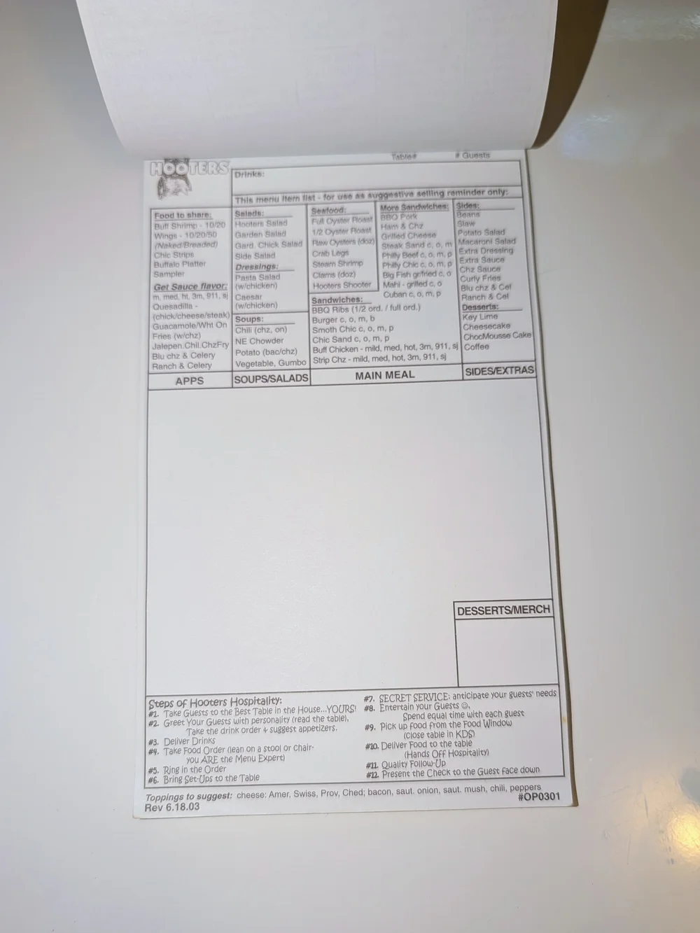 Vintage 2005 Hooters White Branded Order Pad Restaurant Notepad Halloween